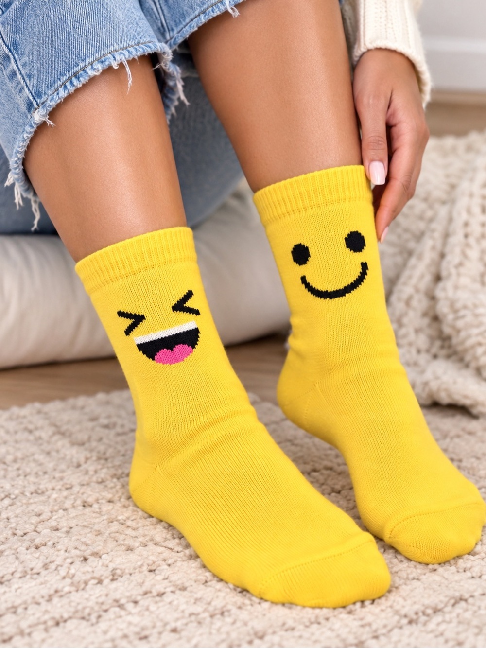 Yellow Emoji Crew Socks - Smiley Face Design